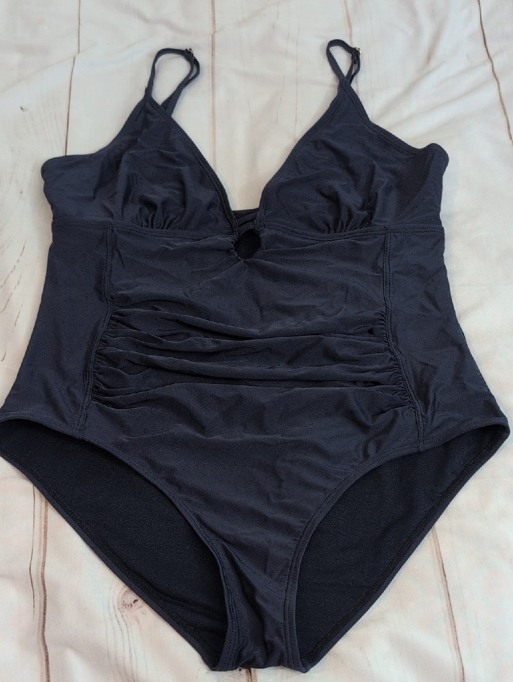 Nicole Miller Navy Control Top Ruching Peak Openings Full Swimsuit One Piece XL
